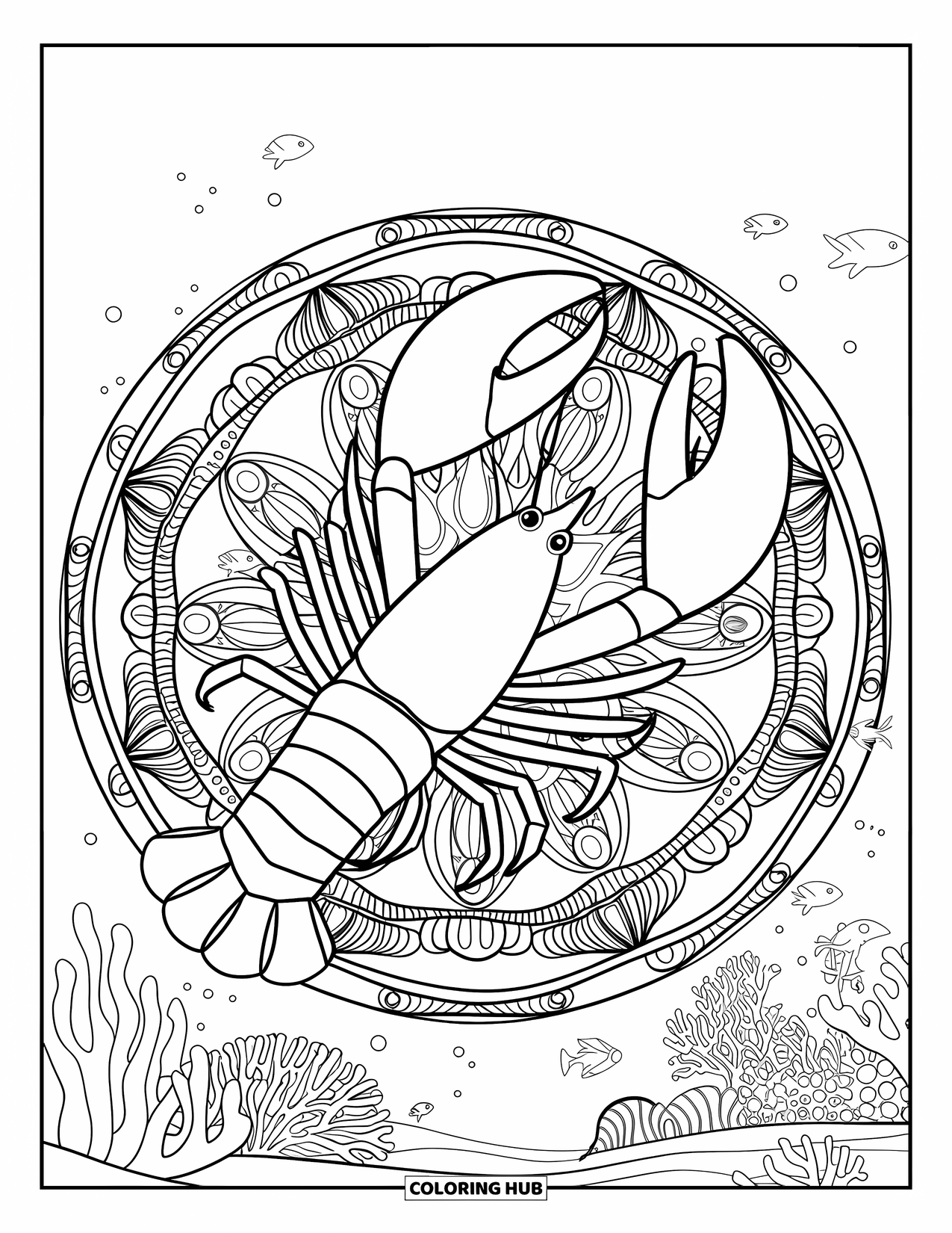 Lobster Coloring Page for Adults: A lobster crawls through a mandala filled with sea life and ocean-themed details