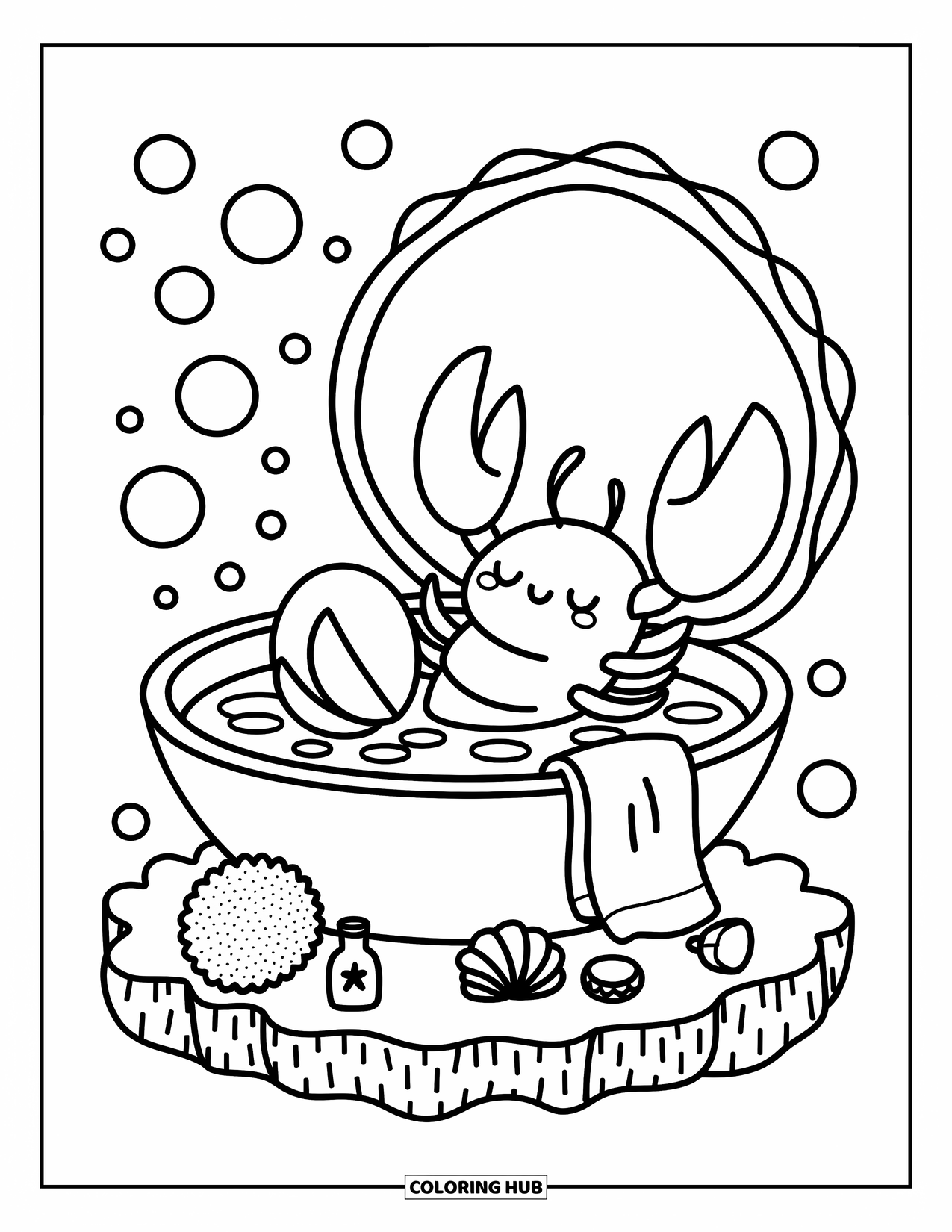 Lobster Coloring Page for Adults: A lobster enjoys a bath in a shell tub surrounded by star-shaped bubbles and cozy items