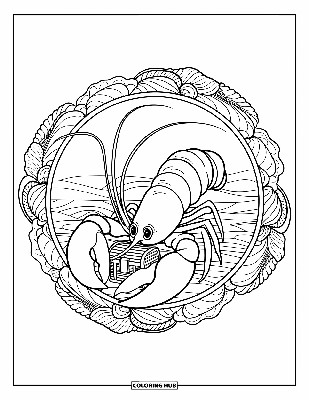 Lobster Coloring Page for Adults: A lobster holding treasure rests at the center of a seaweed mandala with ocean waves