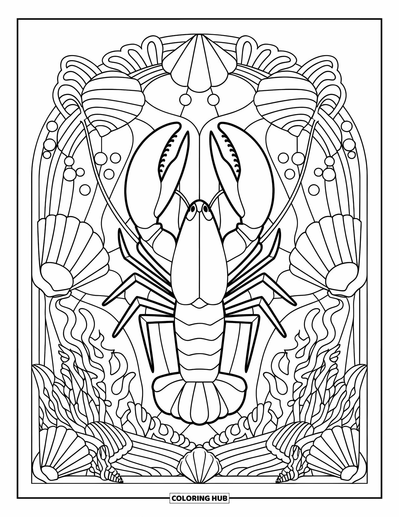 Lobster Coloring Page for Adults: A lobster holds a seashell under a stained glass-style arch filled with detailed sea life