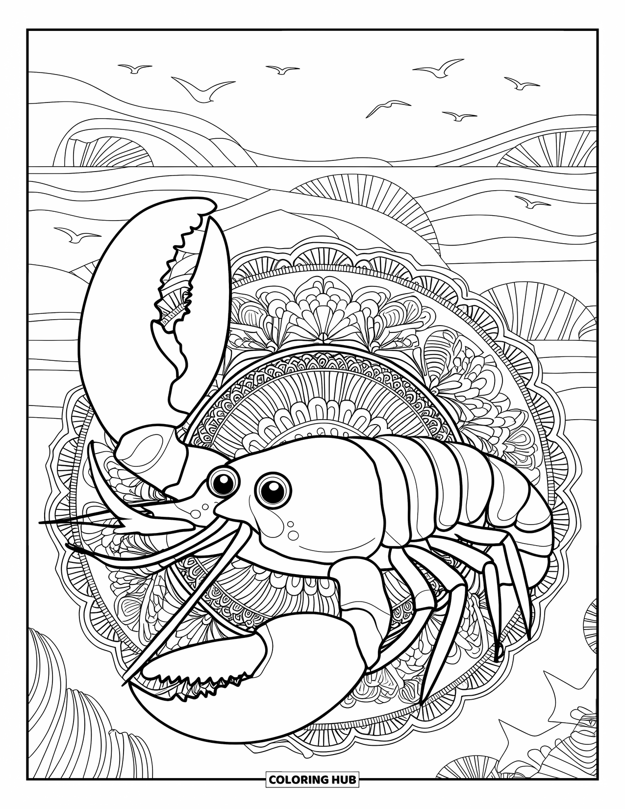 Lobster Coloring Page for Adults: A lobster holds a seashell while exploring a marine mandala with ocean creatures