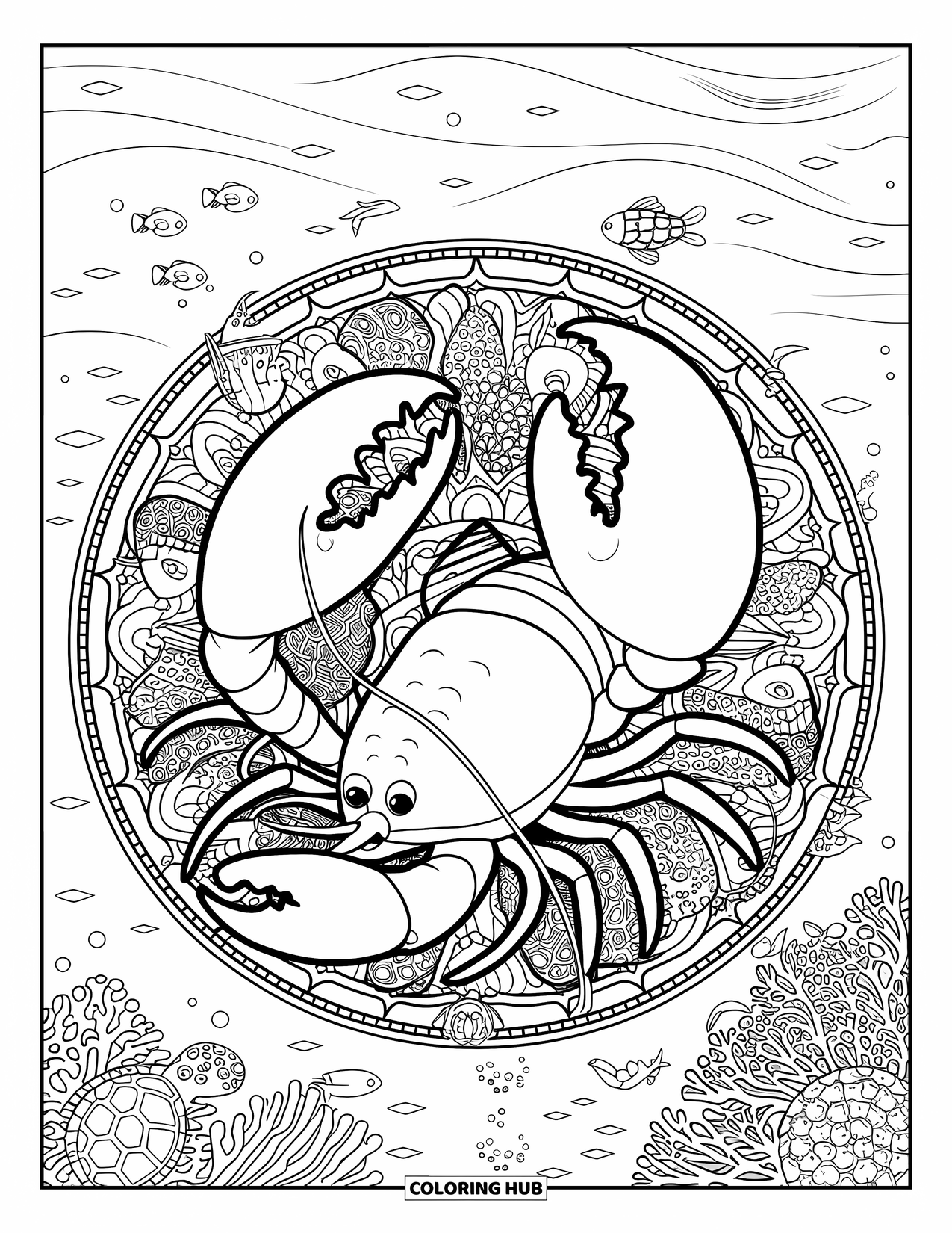 Lobster Coloring Page for Adults: A lobster in a tiny hat moves through a sea mandala with fish and coral designs
