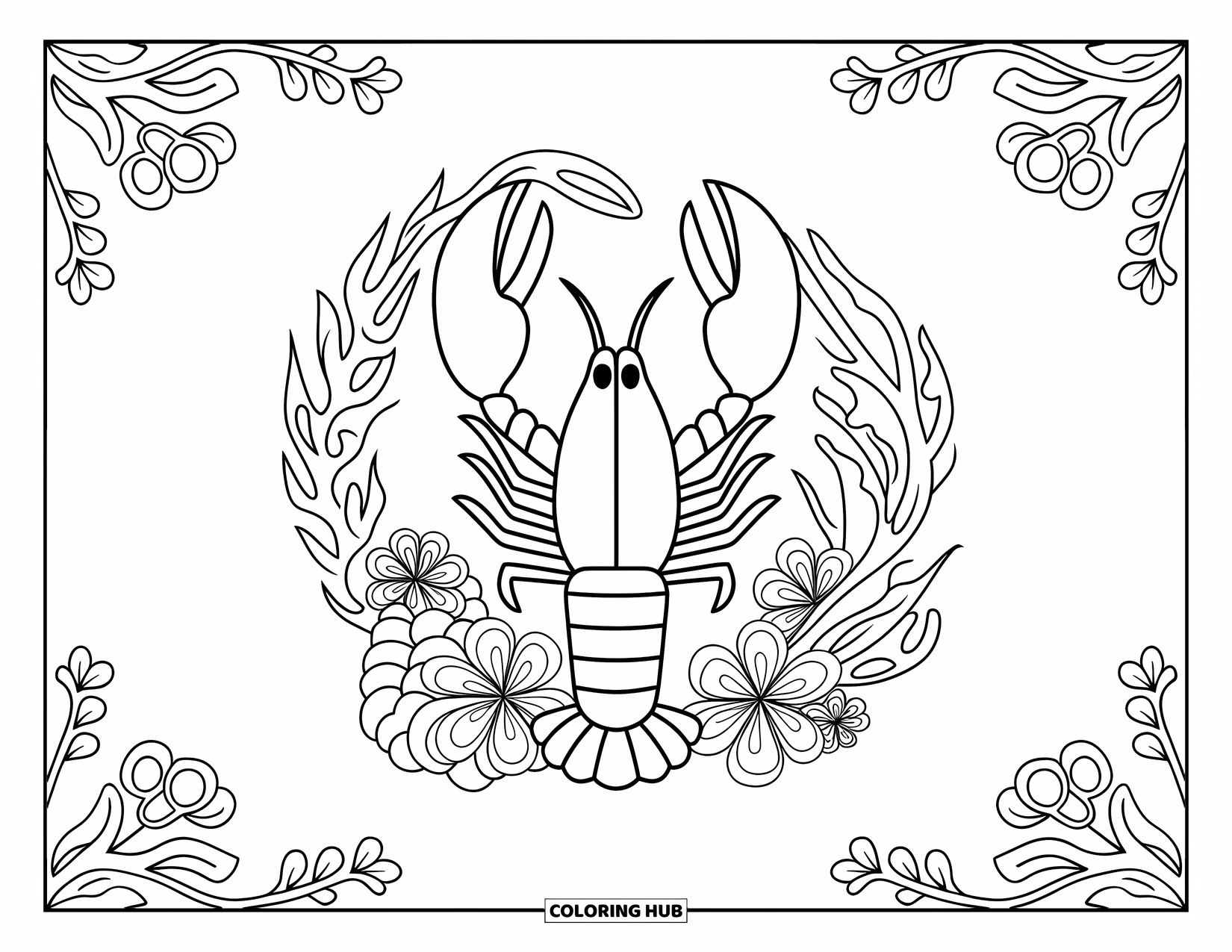 Lobster Coloring Page for Adults: A lobster is surrounded by floral motifs and swirling kelp in a balanced ocean frame