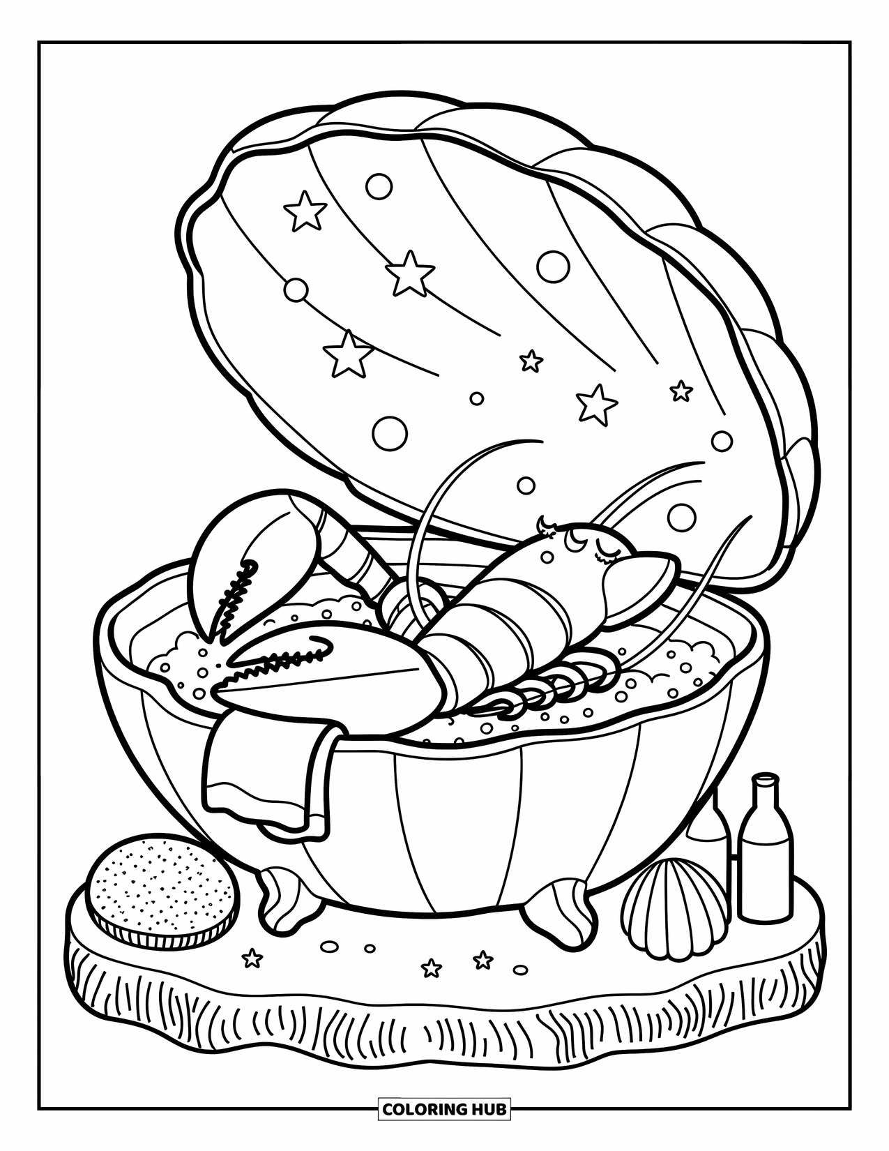 Lobster Coloring Page for Adults: A lobster leans back in a bubbly tub with a sponge and folded towel