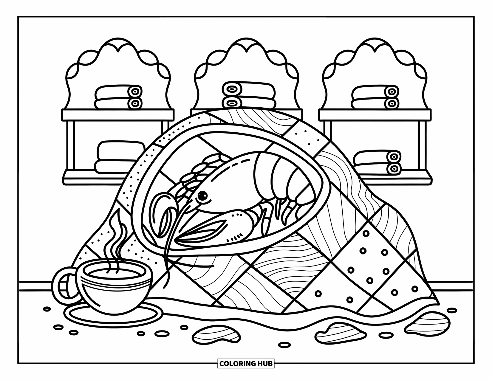 Lobster Coloring Page for Adults: A lobster relaxes in a quilted blanket with scallop shelves and warm towels around