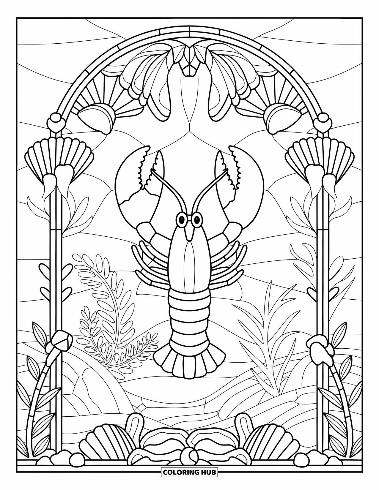 Lobster Coloring Page for Adults: A lobster rests in a seashell-decorated stained glass arch with flowing underwater plants