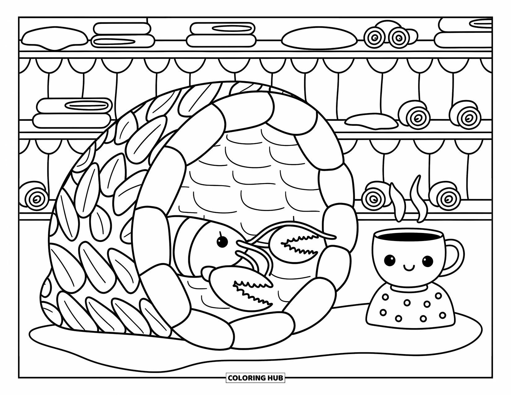 Lobster Coloring Page for Adults: A lobster rests under a patterned seaweed blanket beside steaming tea and tiny folded towels