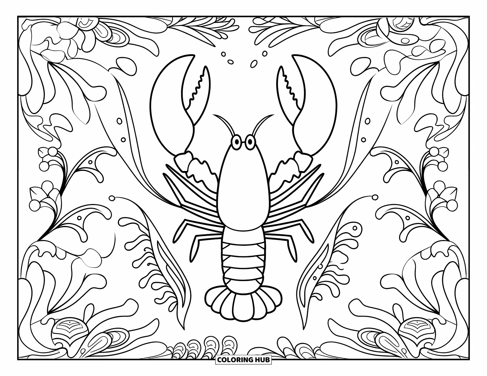Lobster Coloring Page for Adults: A lobster rests within swirling kelp and botanical sea patterns full of intricate details