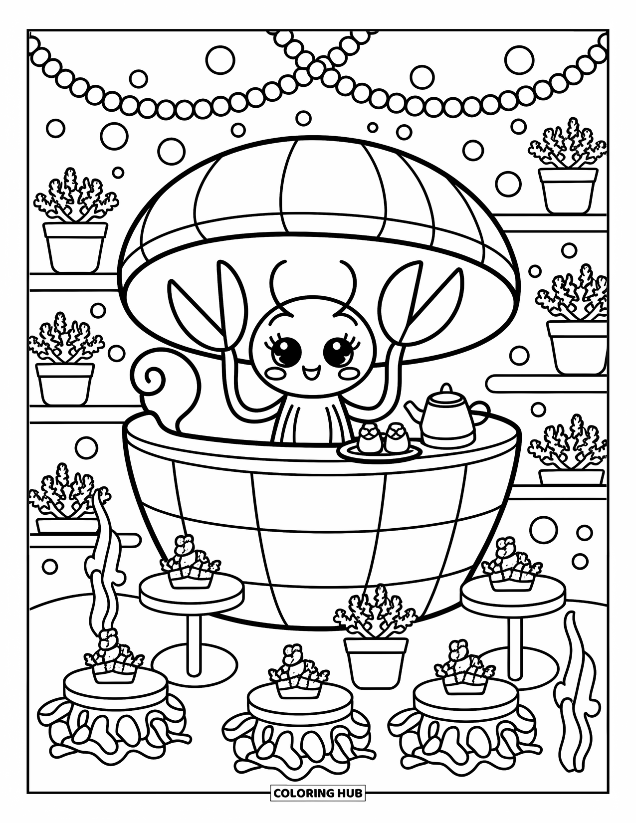 Lobster Coloring Page for Adults: A lobster runs a tiny cafÈ inside a spiral shell with teapots, bubble garlands, and seaweed
