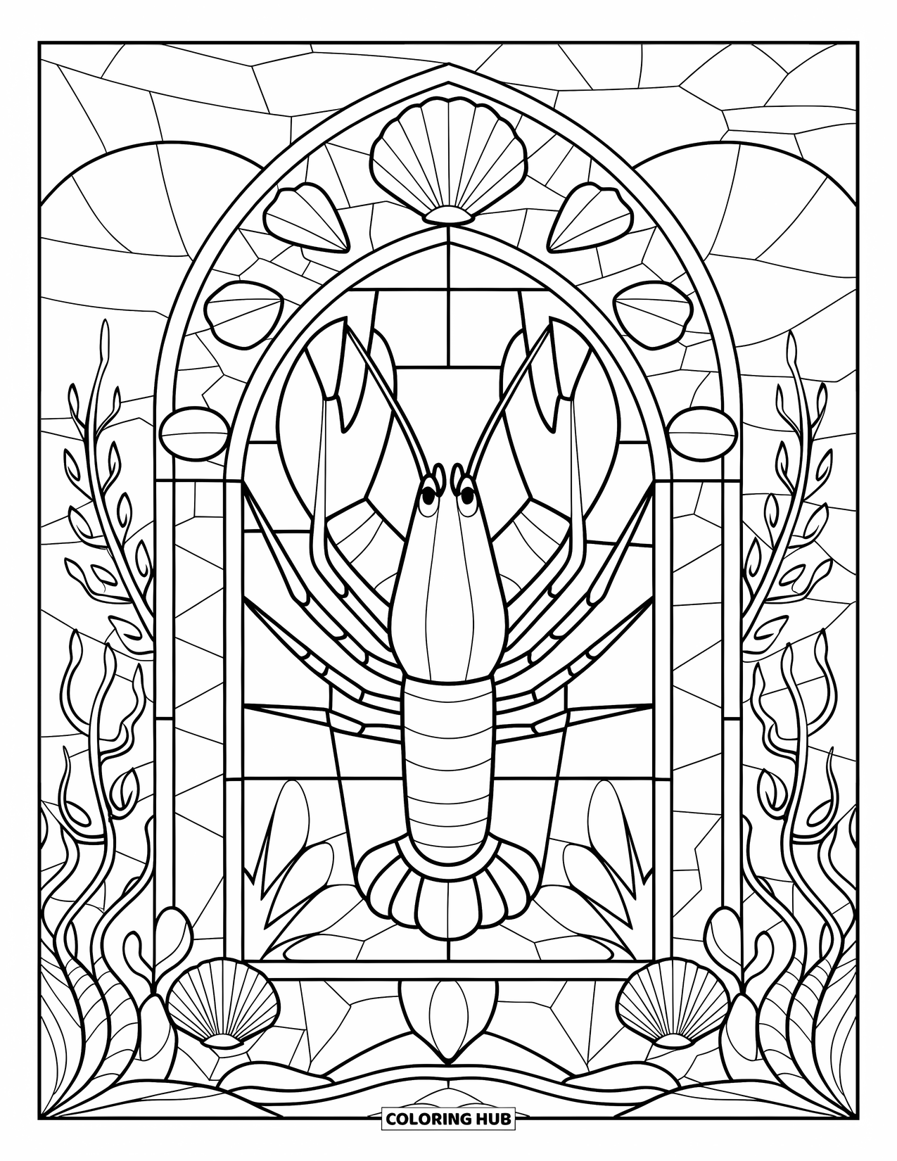 Lobster Coloring Page for Adults: A lobster sits in a stained glass-style arch filled with shells and graceful sea plants