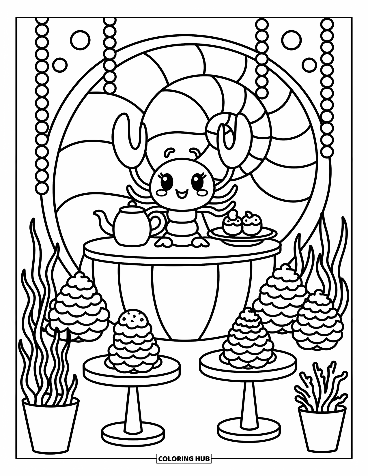 Lobster Coloring Page for Adults: A lobster stands behind a coral counter in a cozy shell cafÈ with desserts and tea