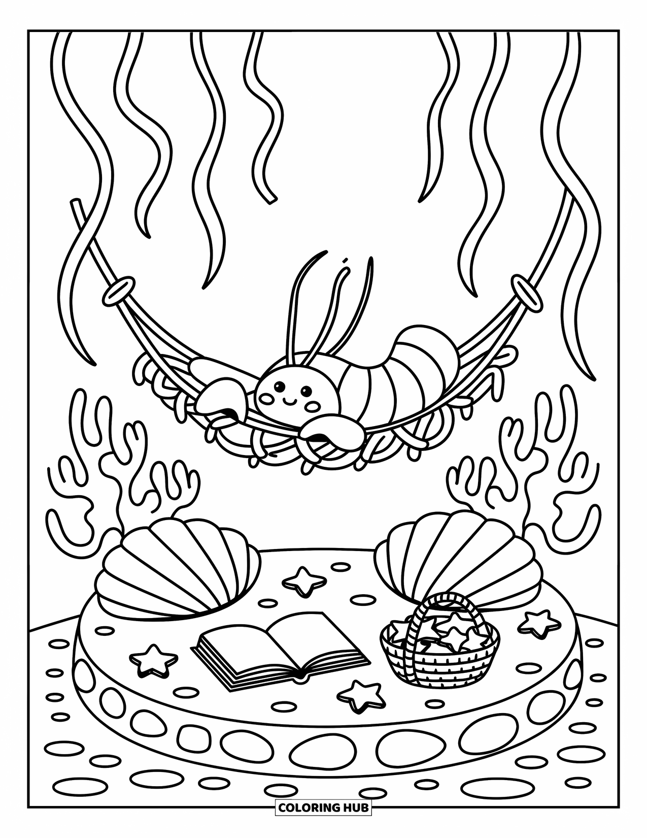 Lobster Coloring Page for Adults: A lobster swings gently in a hammock surrounded by cozy pillows and a snack basket