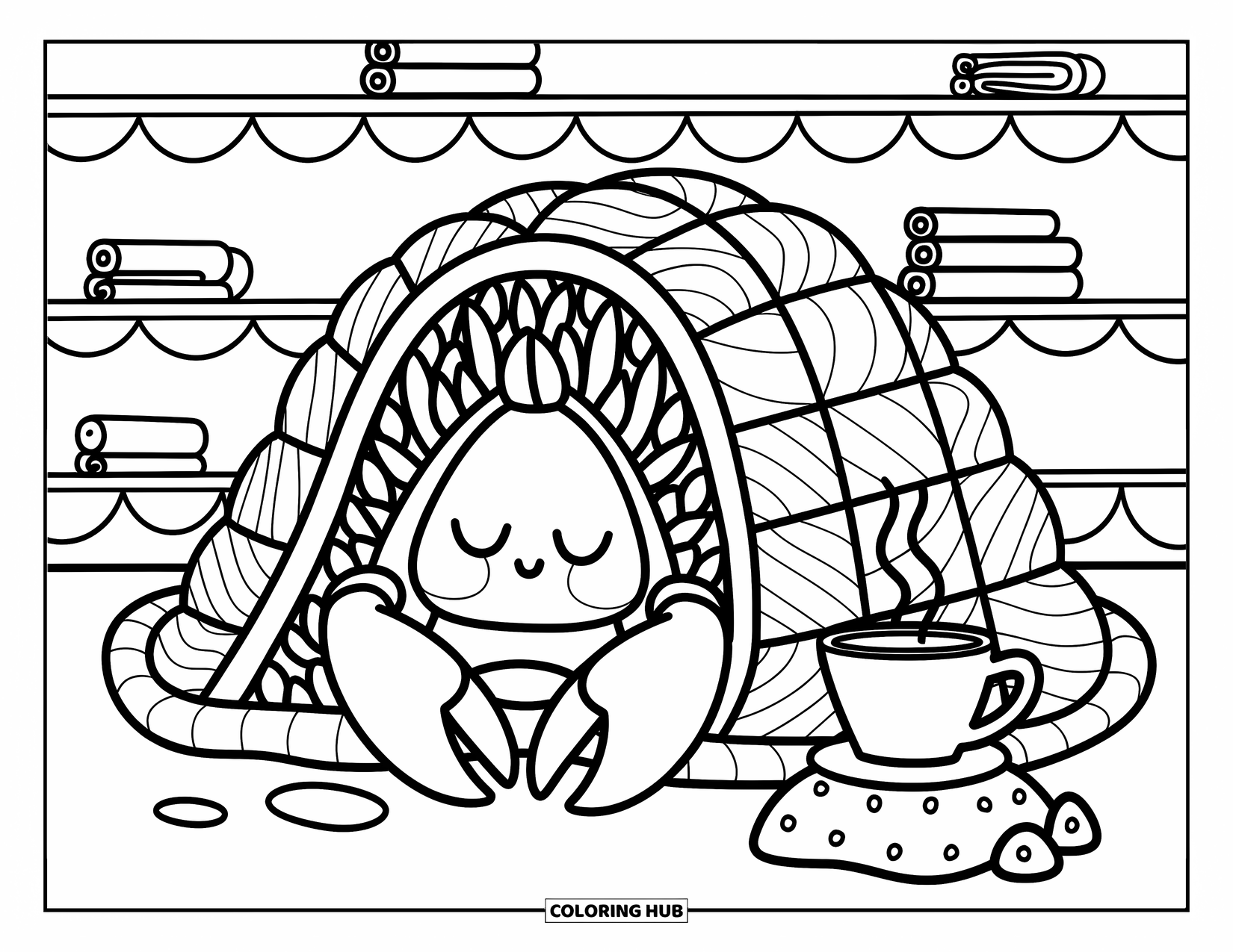 Lobster Coloring Page for Adults: A sleepy lobster nestles in a soft shell blanket with a cozy coral cup nearby