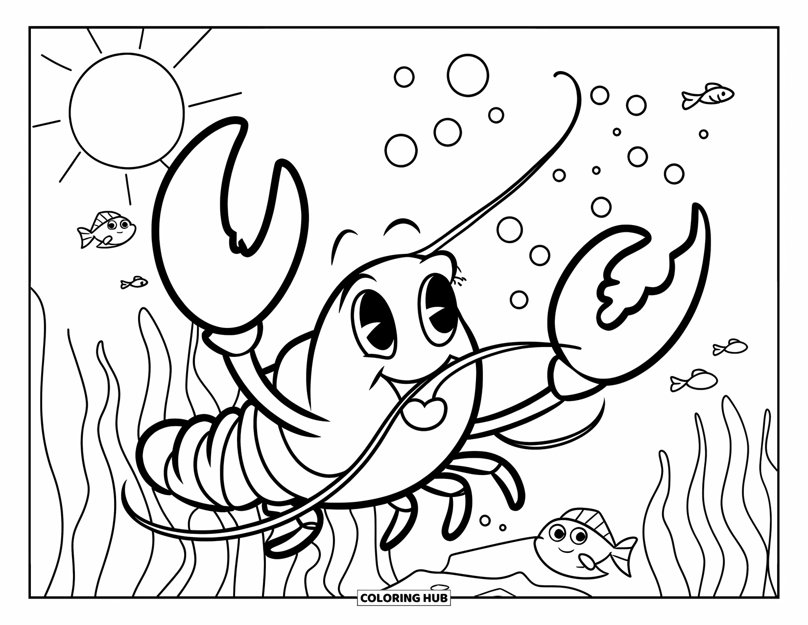 Lobster Coloring Page for Kids: A cheerful lobster blows bubbles with seaweed and a few fish nearby