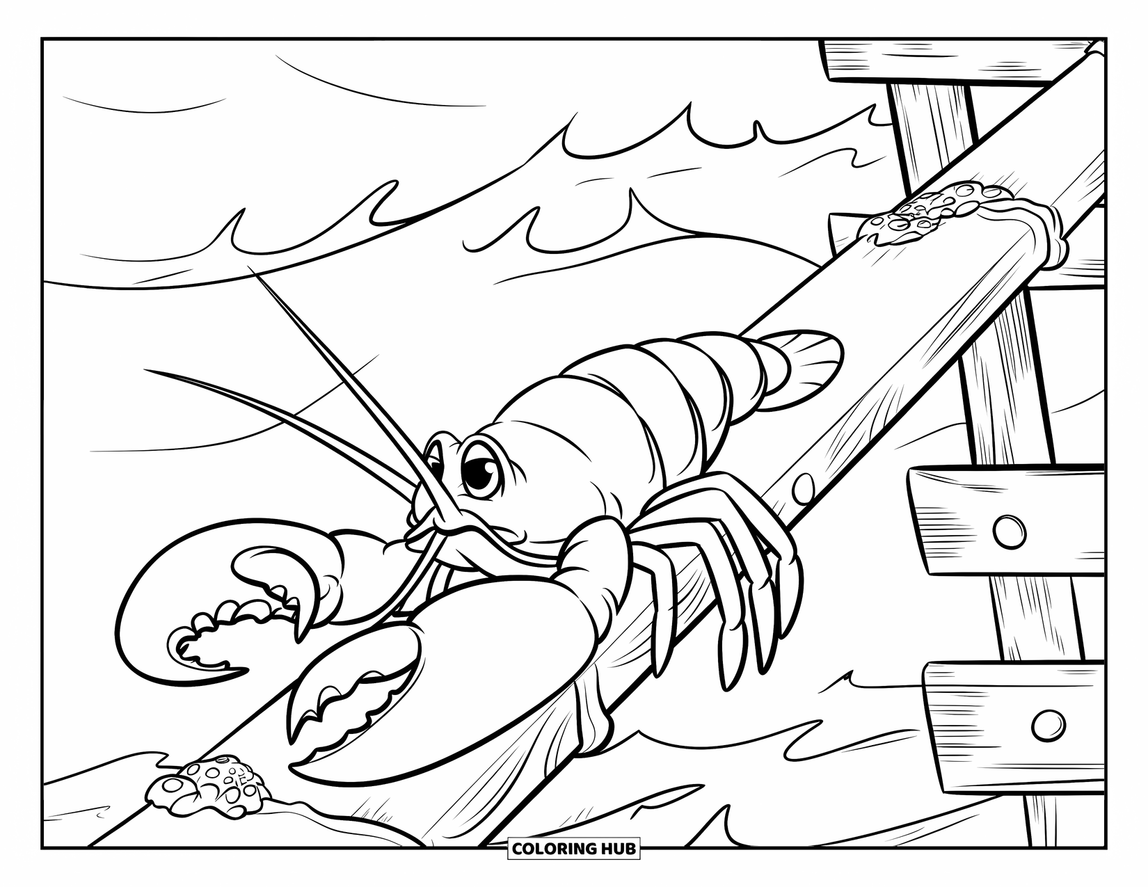 Lobster Coloring Page for Kids: A cheerful lobster explores a wave-crashed wooden plank near a shipwreck