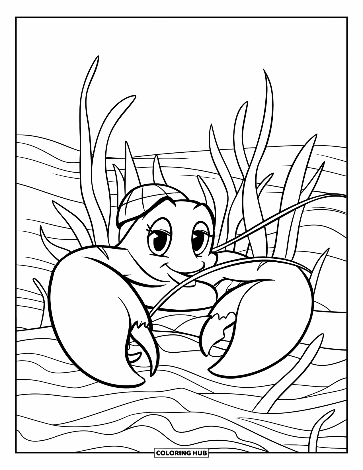 Lobster Coloring Page for Kids: A cheerful lobster peeks out from behind sea grass with a wide smile