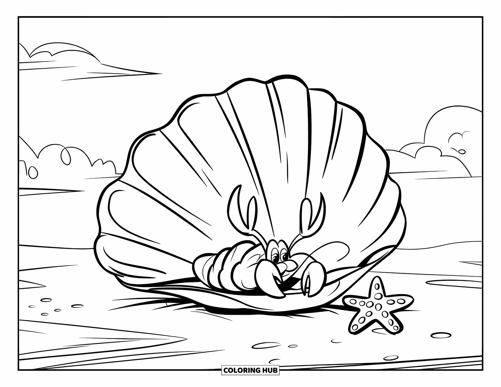 Lobster Coloring Page for Kids: A little lobster hides behind a seashell while a starfish rests nearby