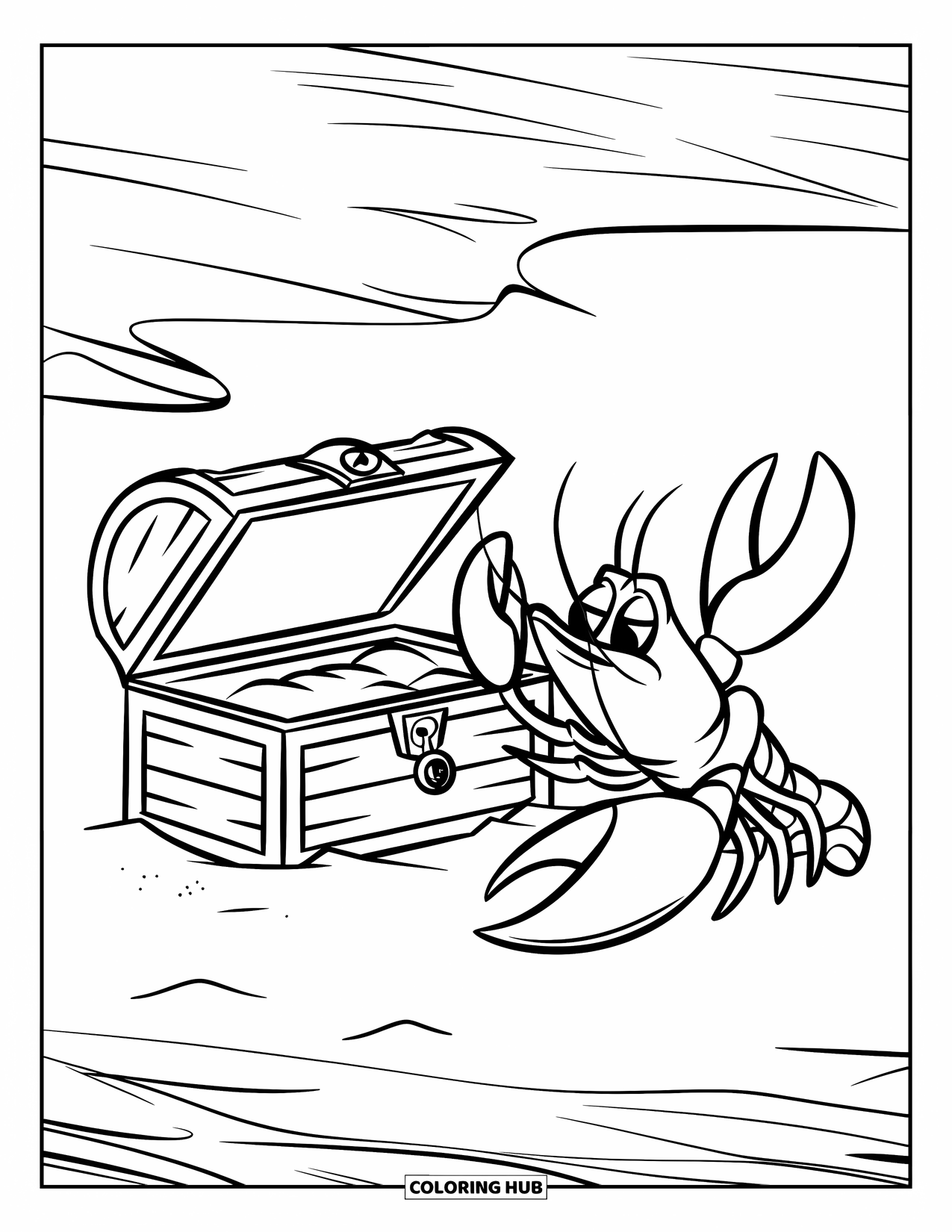 Lobster Coloring Page for Kids: A lobster in a hat sits beside a treasure chest buried in the sand