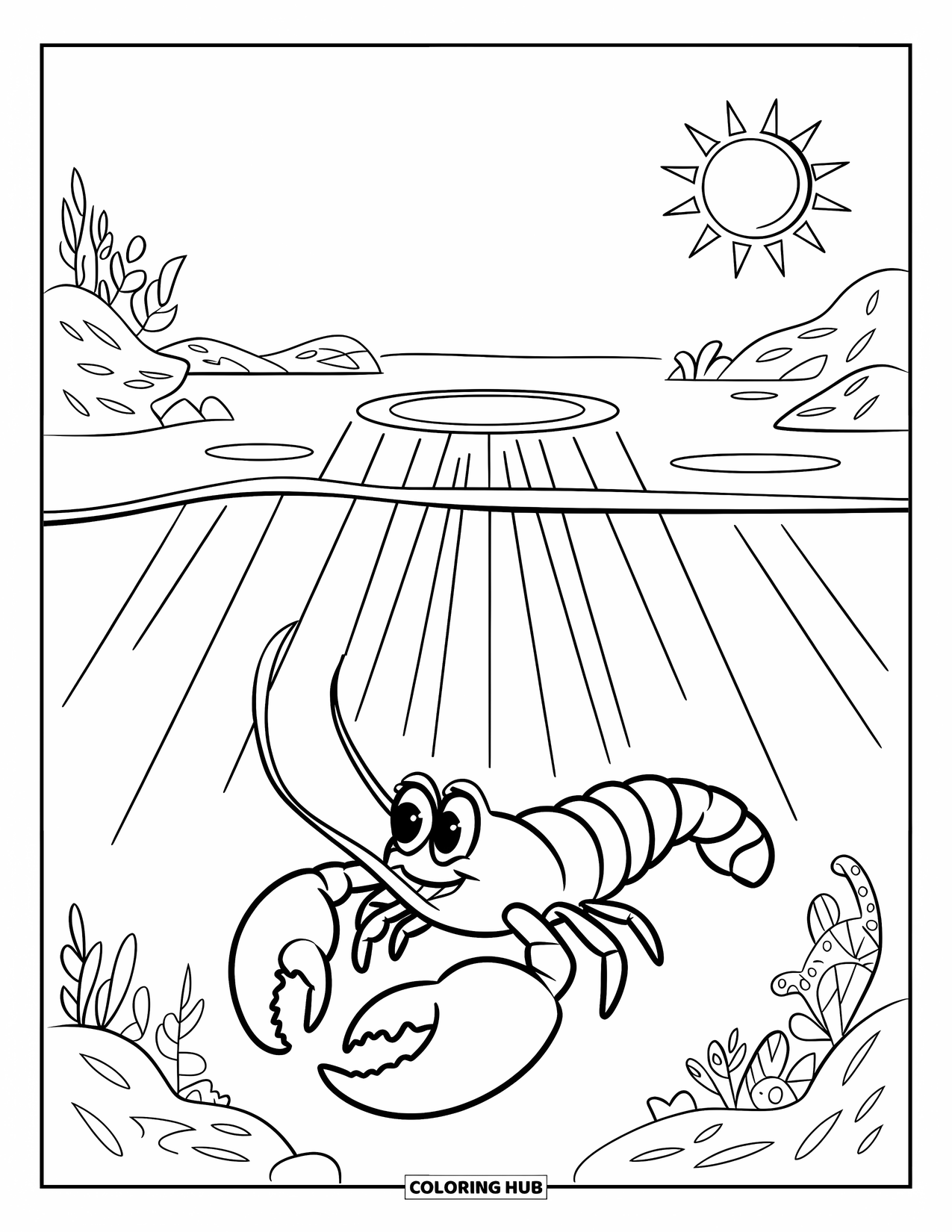 Lobster Coloring Page for Kids: A lobster relaxes under a sunbeam with plants and soft rocks around