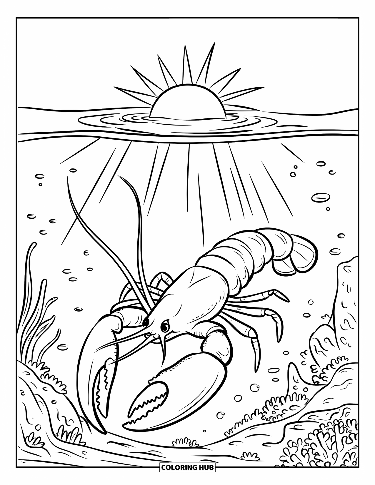 Lobster Coloring Page for Kids: A lobster rests under a glowing sunbeam with rocks and plants nearby