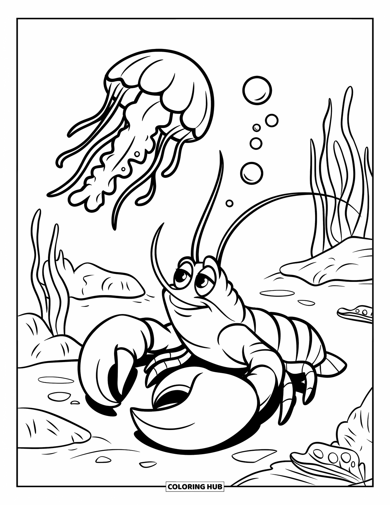Lobster Coloring Page for Kids: A lobster watches a jellyfish drift by from its cozy spot on the ocean floor