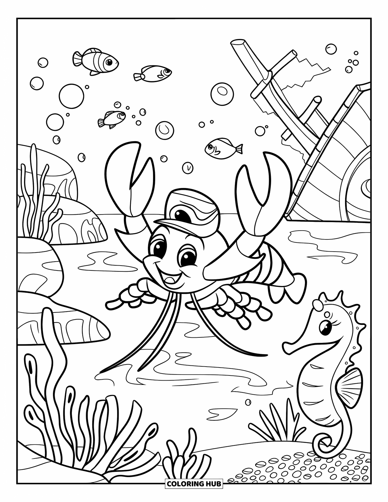 Lobster Coloring Page for Kids: A lobster wearing a hat plays by coral and sea grass with fish and a shipwreck