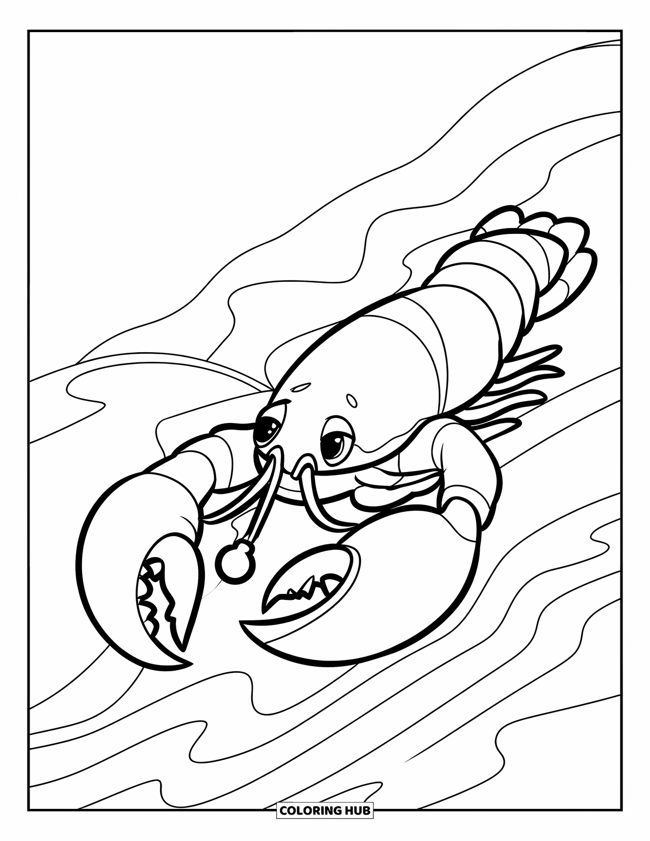 Lobster Coloring Page for Kids: A lobster with a pearl rests on soft sandbanks outlined in bold lines
