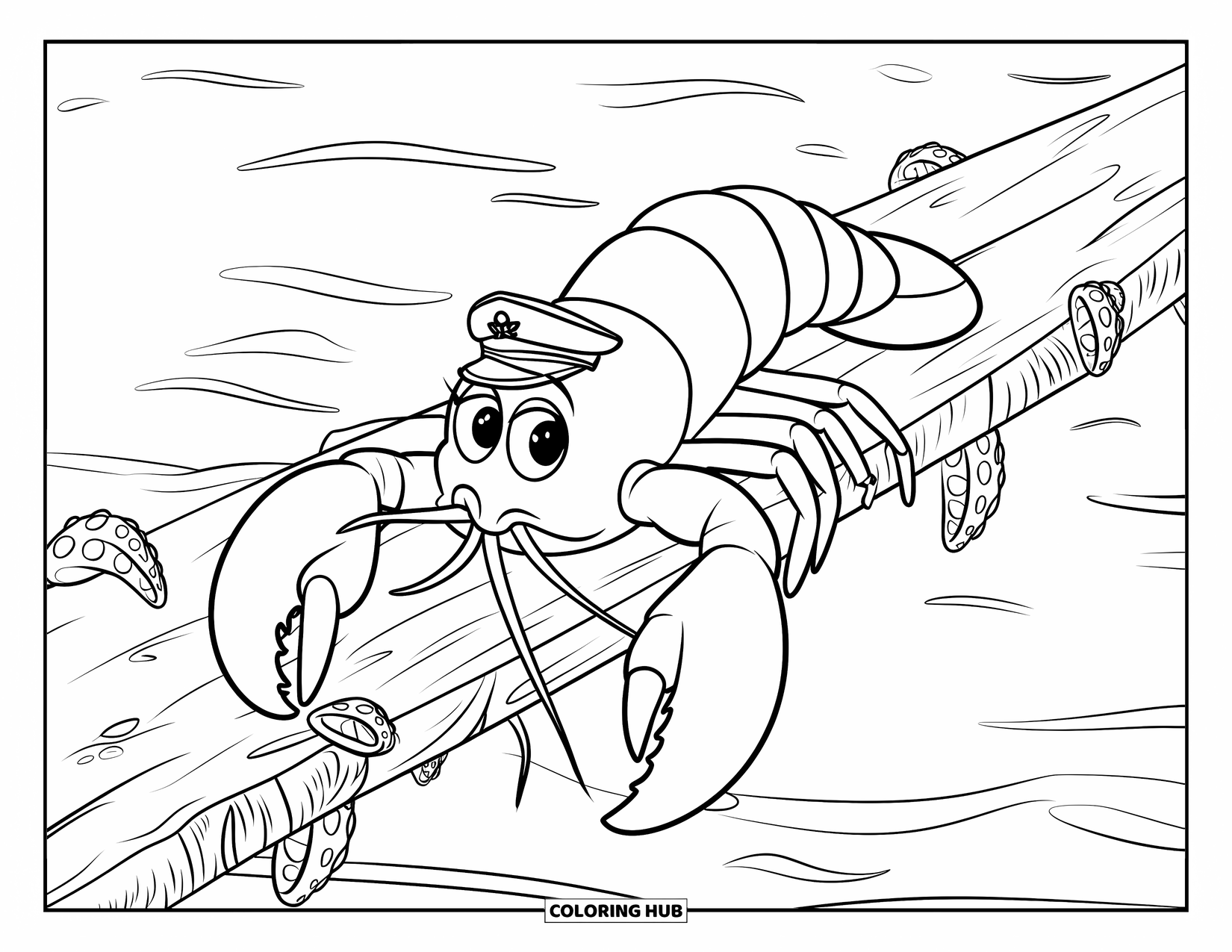 Lobster Coloring Page for Kids: A lobster with big eyes and a captain's hat walks across a barnacle-covered plank