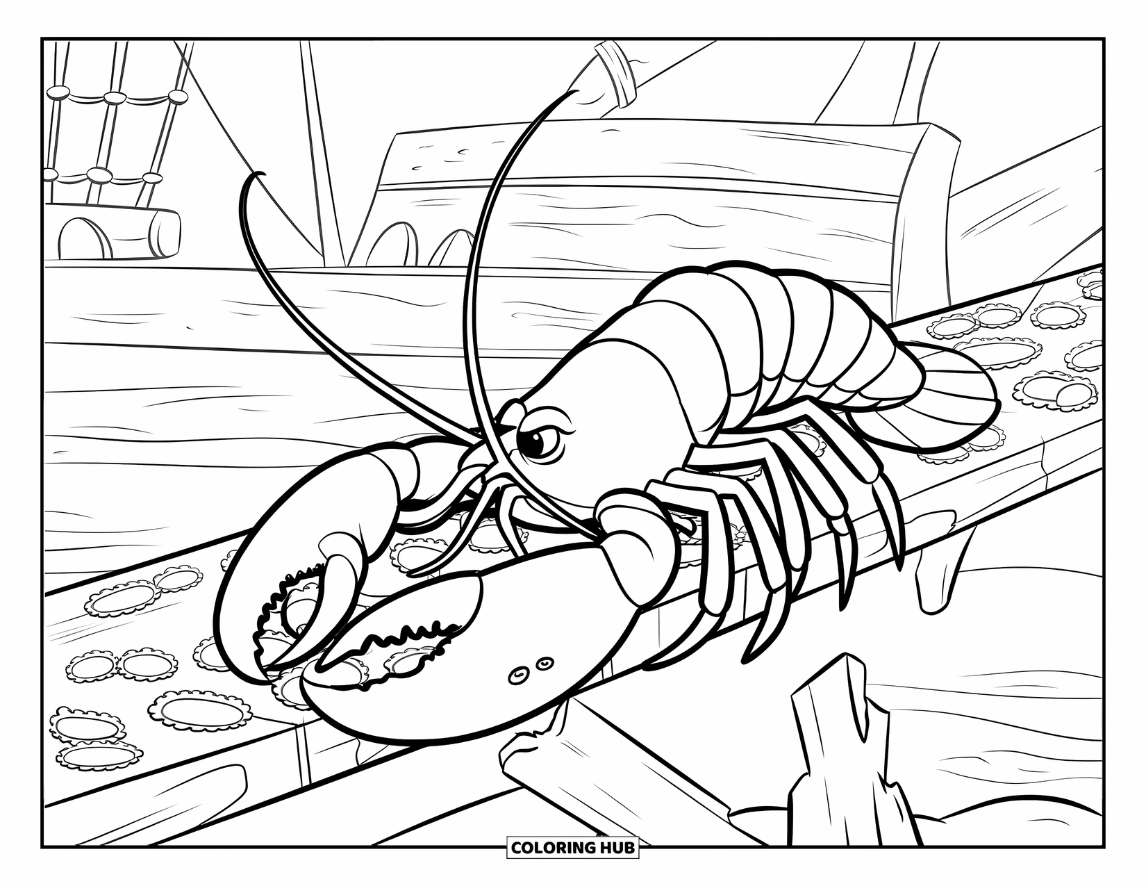 Lobster Coloring Page for Kids: A lobster with outstretched claws moves along a barnacle-covered shipwreck plank