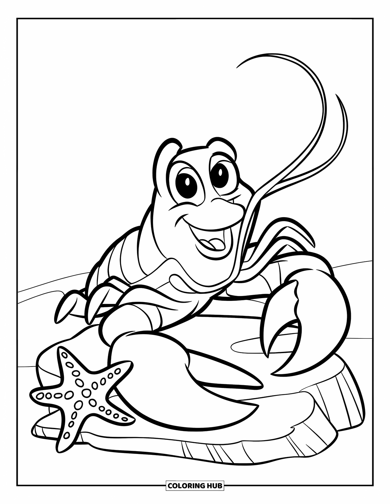 Lobster Coloring Page for Kids: A smiling lobster sits on a rock with a starfish nearby