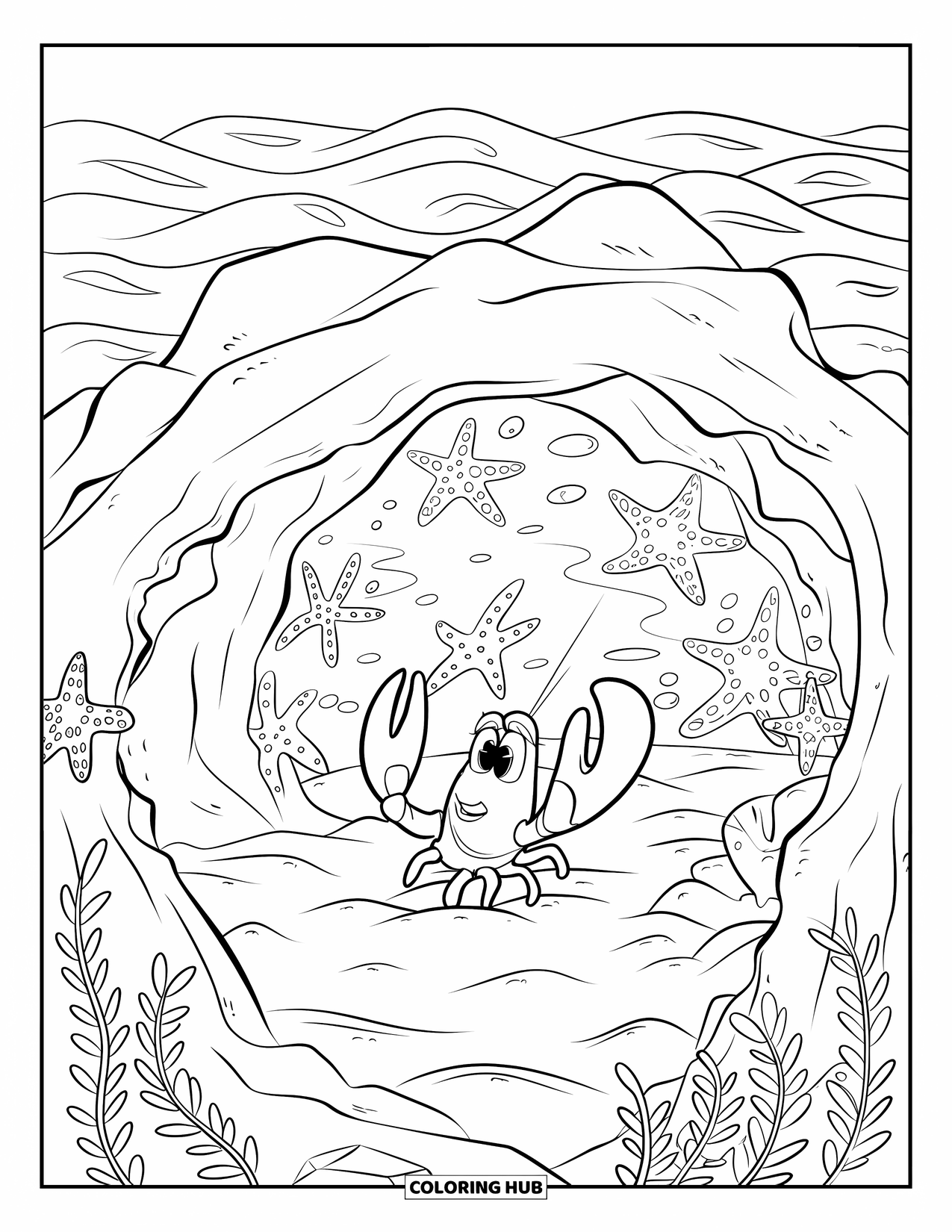 Lobster Coloring Page for Kids: A tiny-hat lobster crawls through a cave filled with seaweed and starfish
