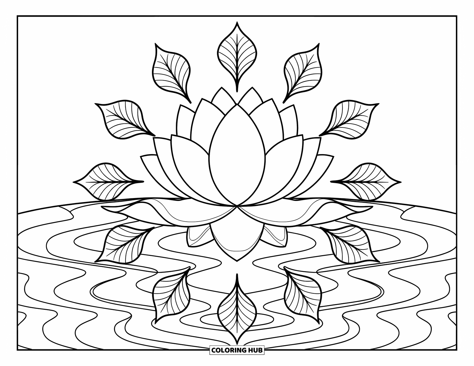 Lotus Coloring Page for Adults: Bold lotus with ripples and leaf border on a clean background