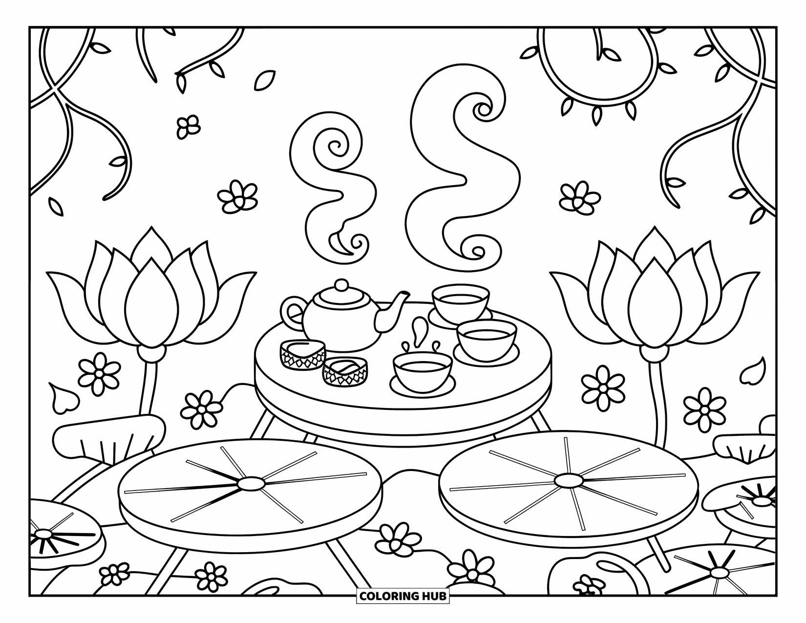 Lotus Coloring Page for Adults: Circular tea table with steam, sweets, and flowers floats on giant lily pads