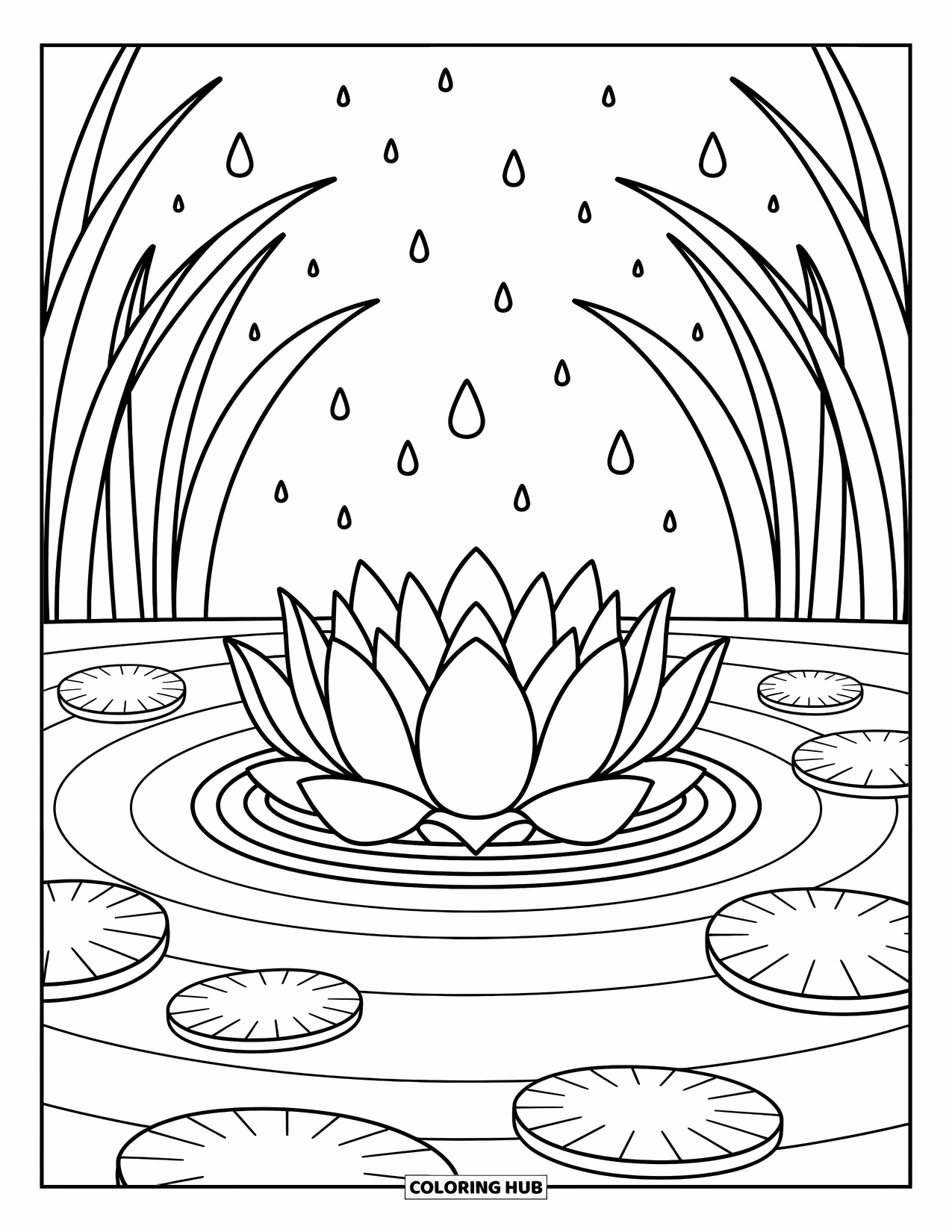 Lotus Coloring Page for Adults: Large lotus bloom in a round pond surrounded by ripples and lily pads