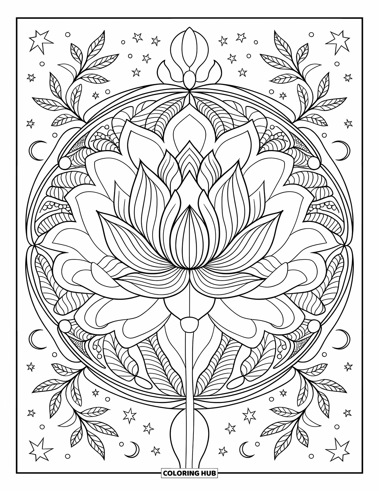 Lotus Coloring Page for Adults: Lotus bloom framed by a botanical mandala of leaves and stars