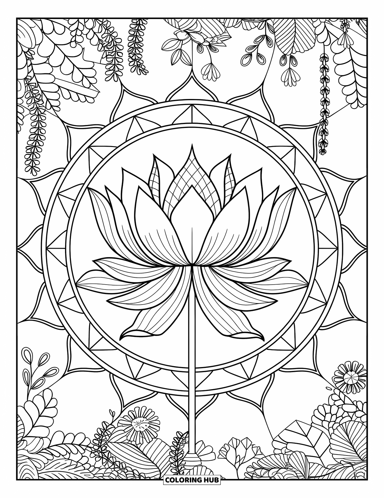 Lotus Coloring Page for Adults: Lotus bloom with petals and plants arranged in a geometric mandala