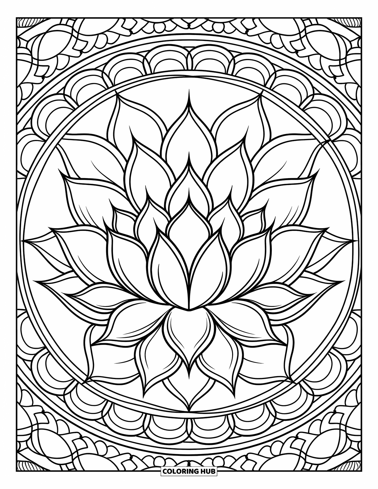 Lotus Coloring Page for Adults: Lotus blooms within mandala rings and swirling circle patterns