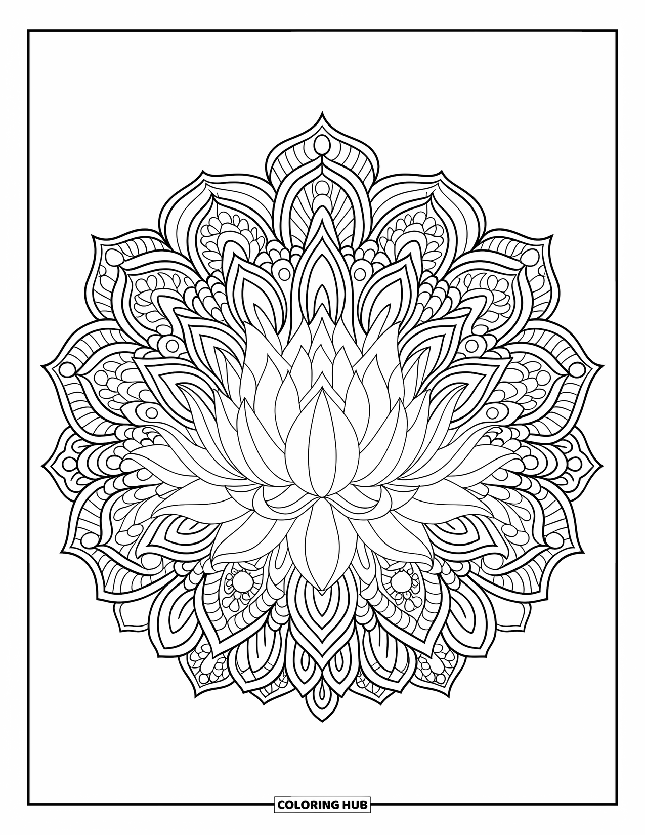 Lotus Coloring Page for Adults: Lotus centered in a full-page botanical mandala with detailed designs