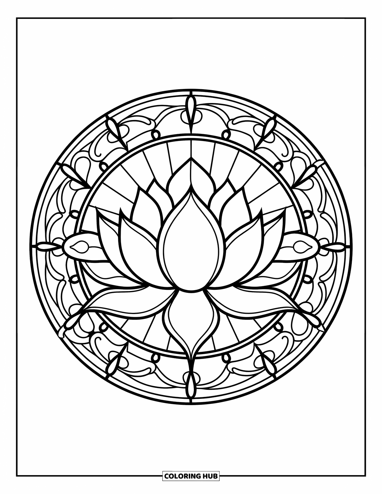 Lotus Coloring Page for Adults: Lotus flower framed by a floral stained glass-style pattern