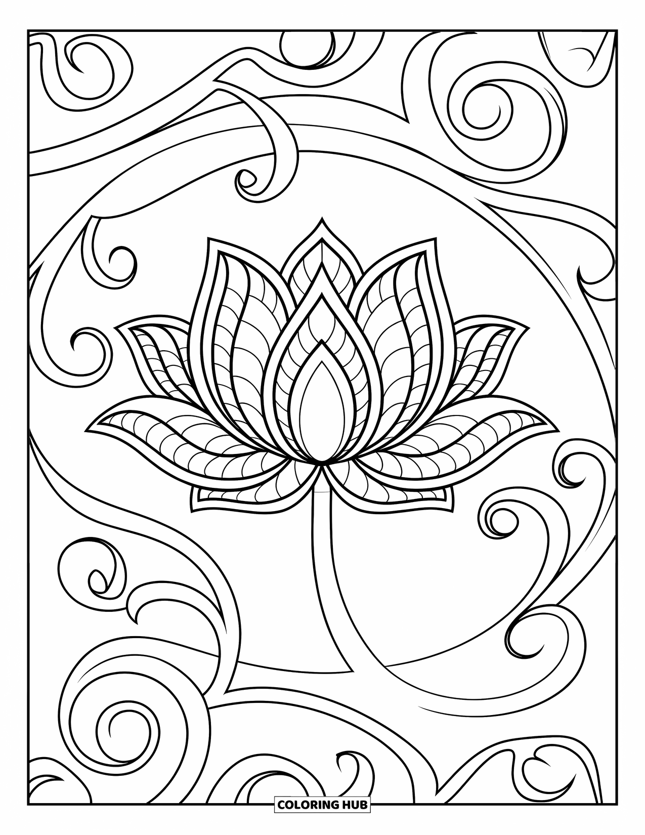 Lotus Coloring Page for Adults: Lotus flower outlined boldly with swirling vine accents