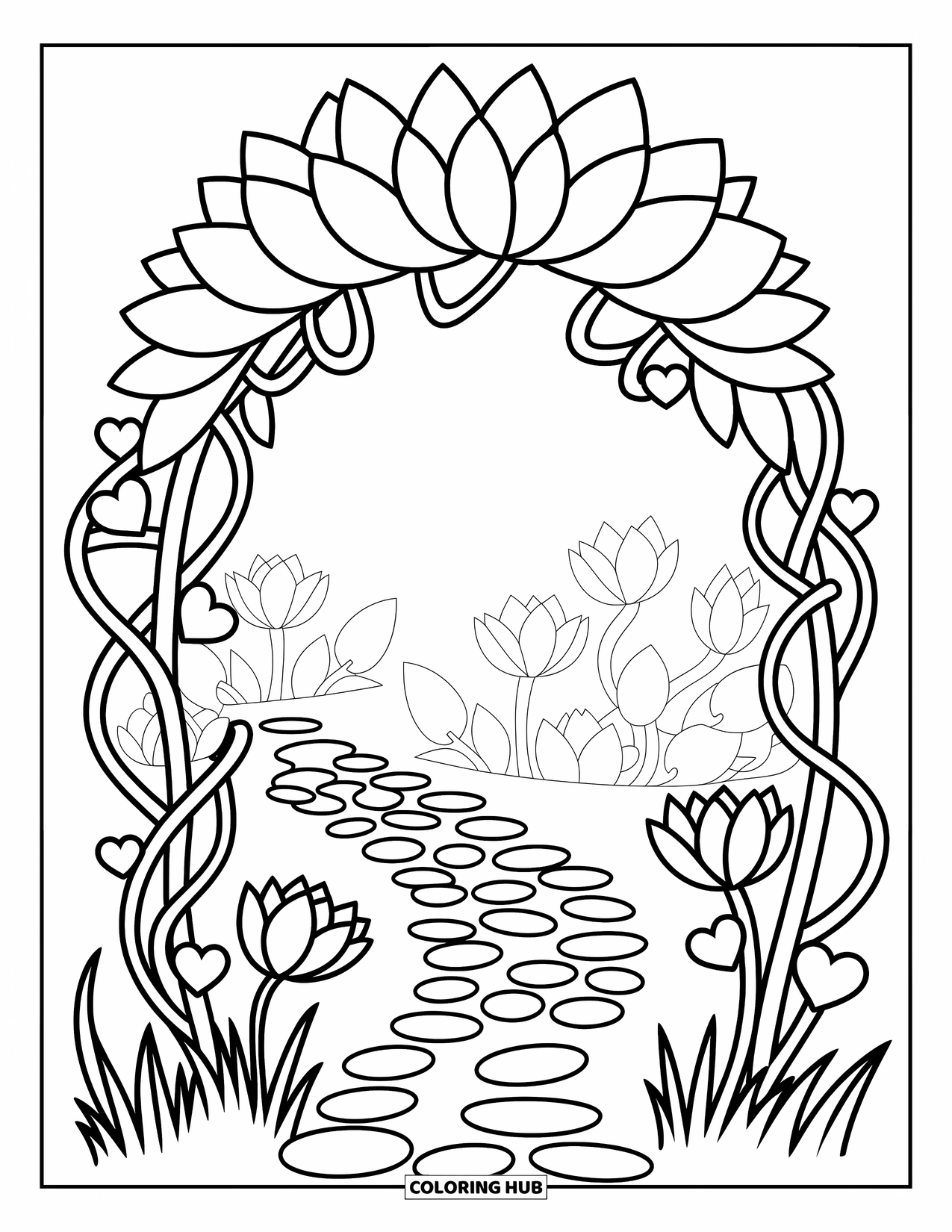 Lotus Coloring Page for Adults: Lotus petal arch with vines stretches above a pebble path