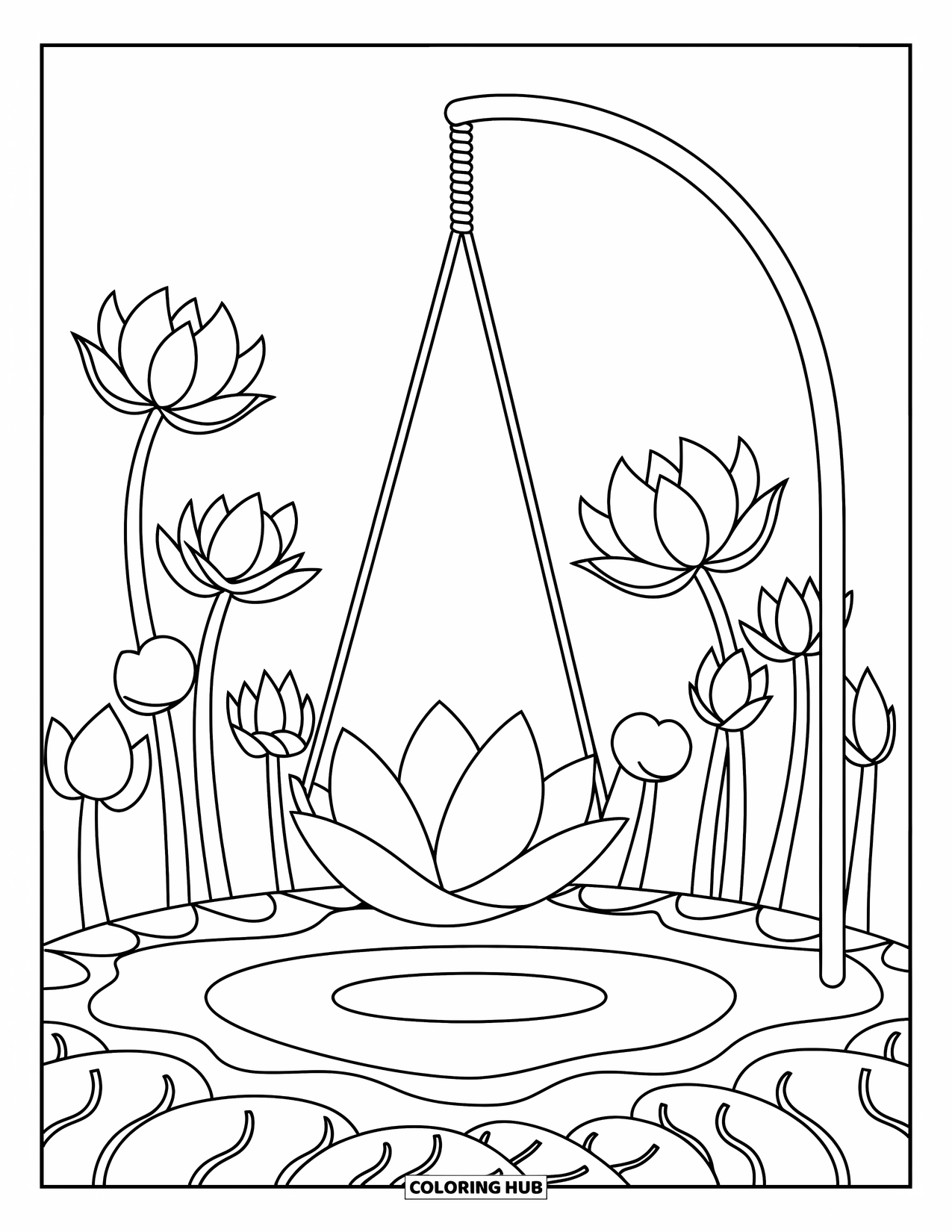 Lotus Coloring Page for Adults: Lotus petal swing hangs from a tall stem above layered petals
