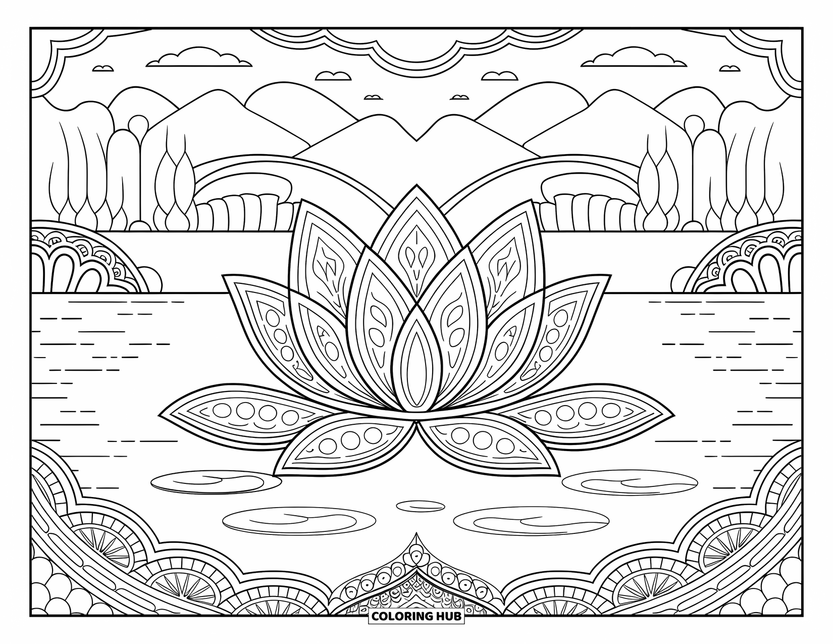 Lotus Coloring Page for Adults: Lotus sits in water with leaf motifs and a peaceful mountain scene