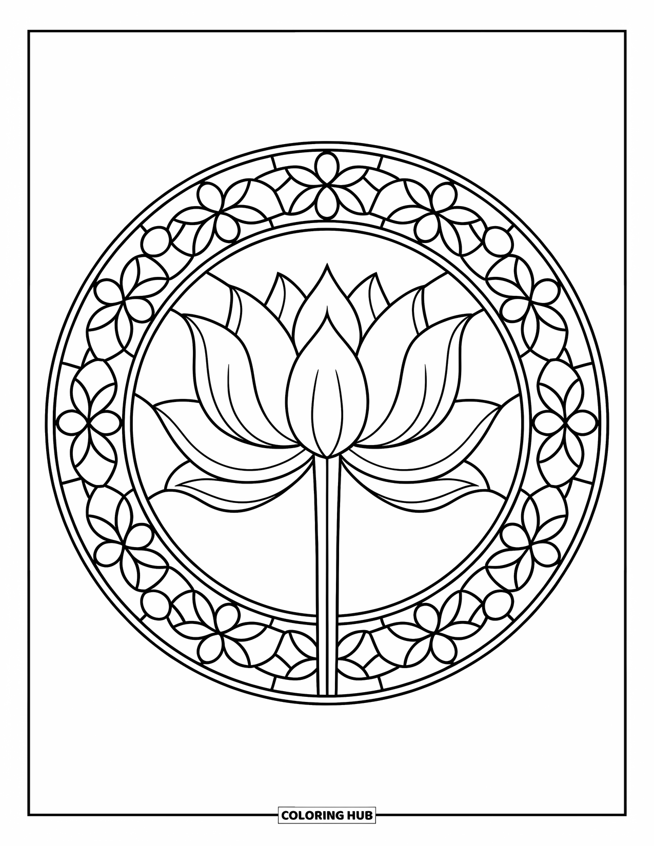 Lotus Coloring Page for Adults: Lotus with floral stained glass ring made of flowers and vines