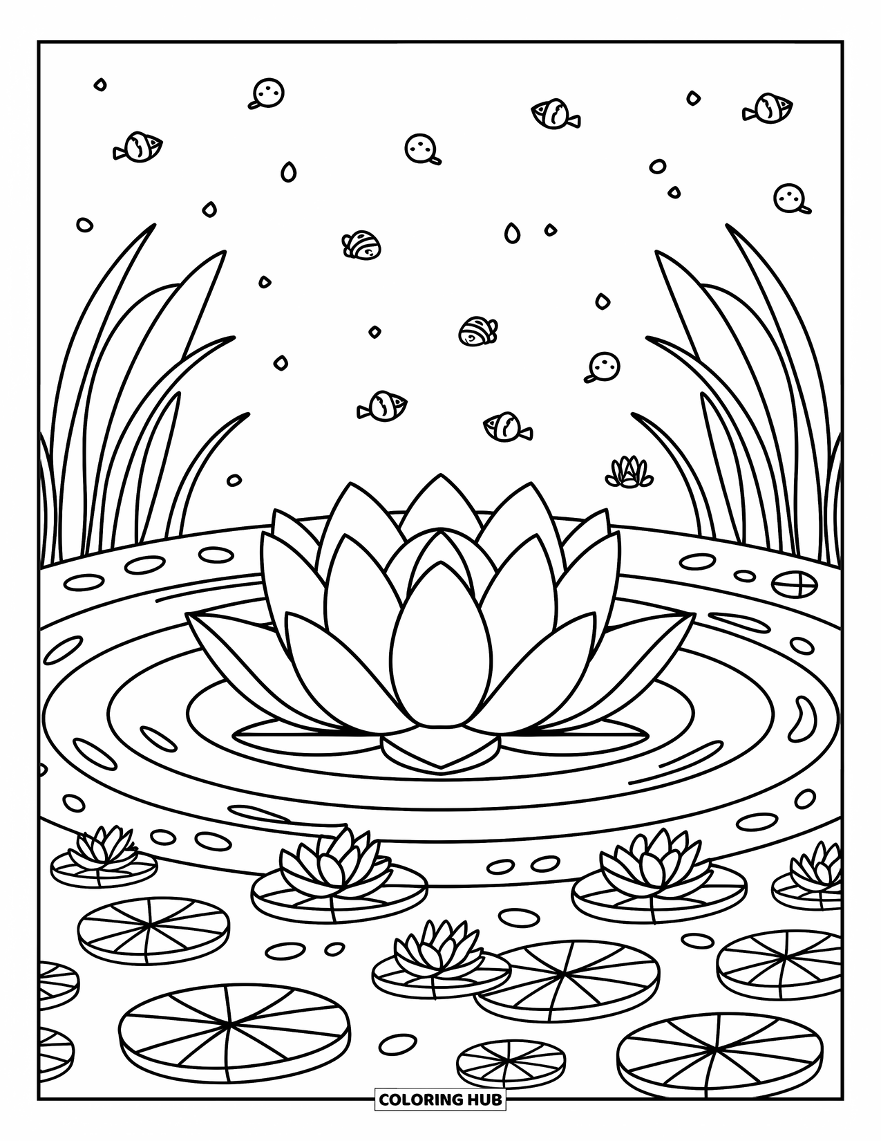 Lotus Coloring Page for Adults: Open lotus bloom floats in a round pond with lily pads and ripples