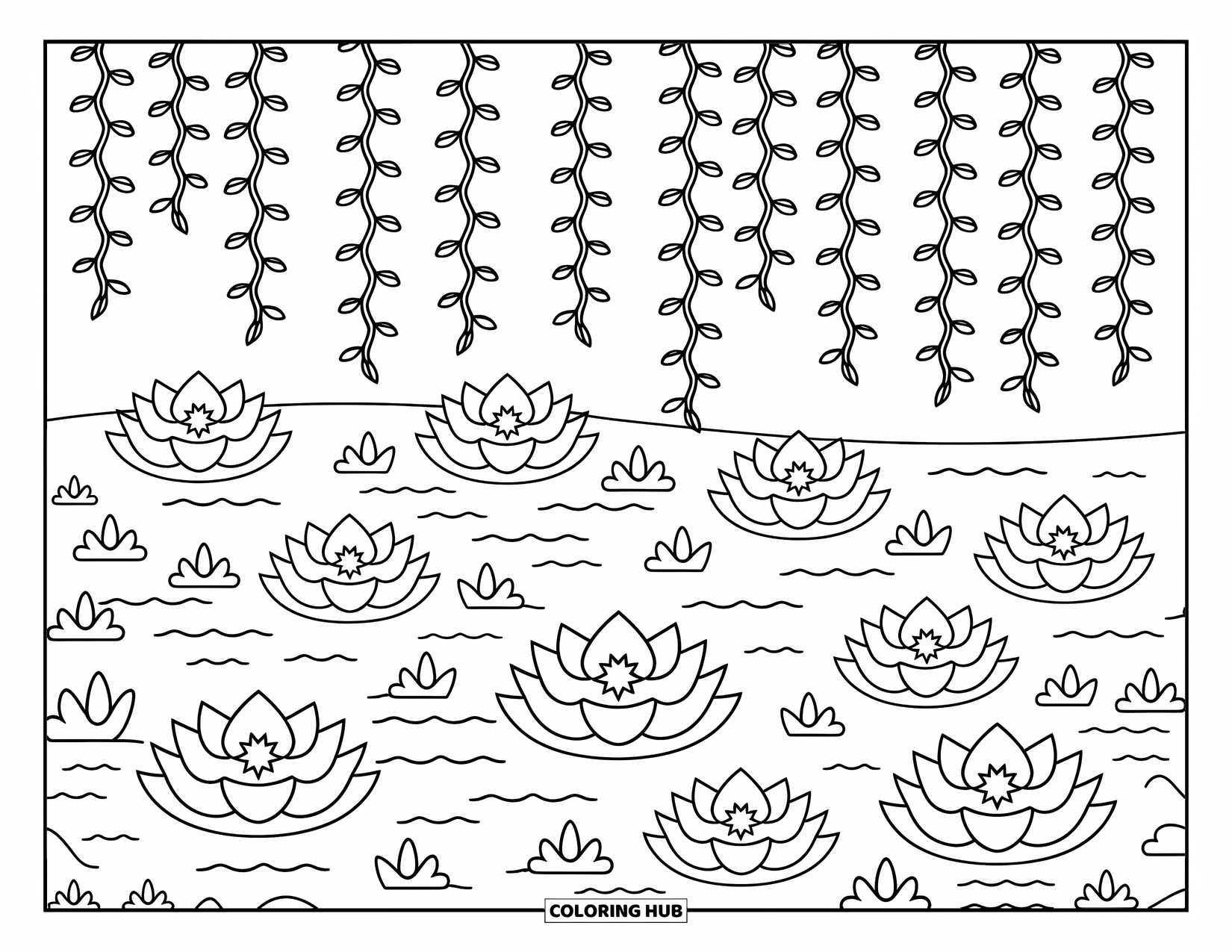 Lotus Coloring Page for Adults: Peaceful river with floating lotus lanterns and softly hanging vines