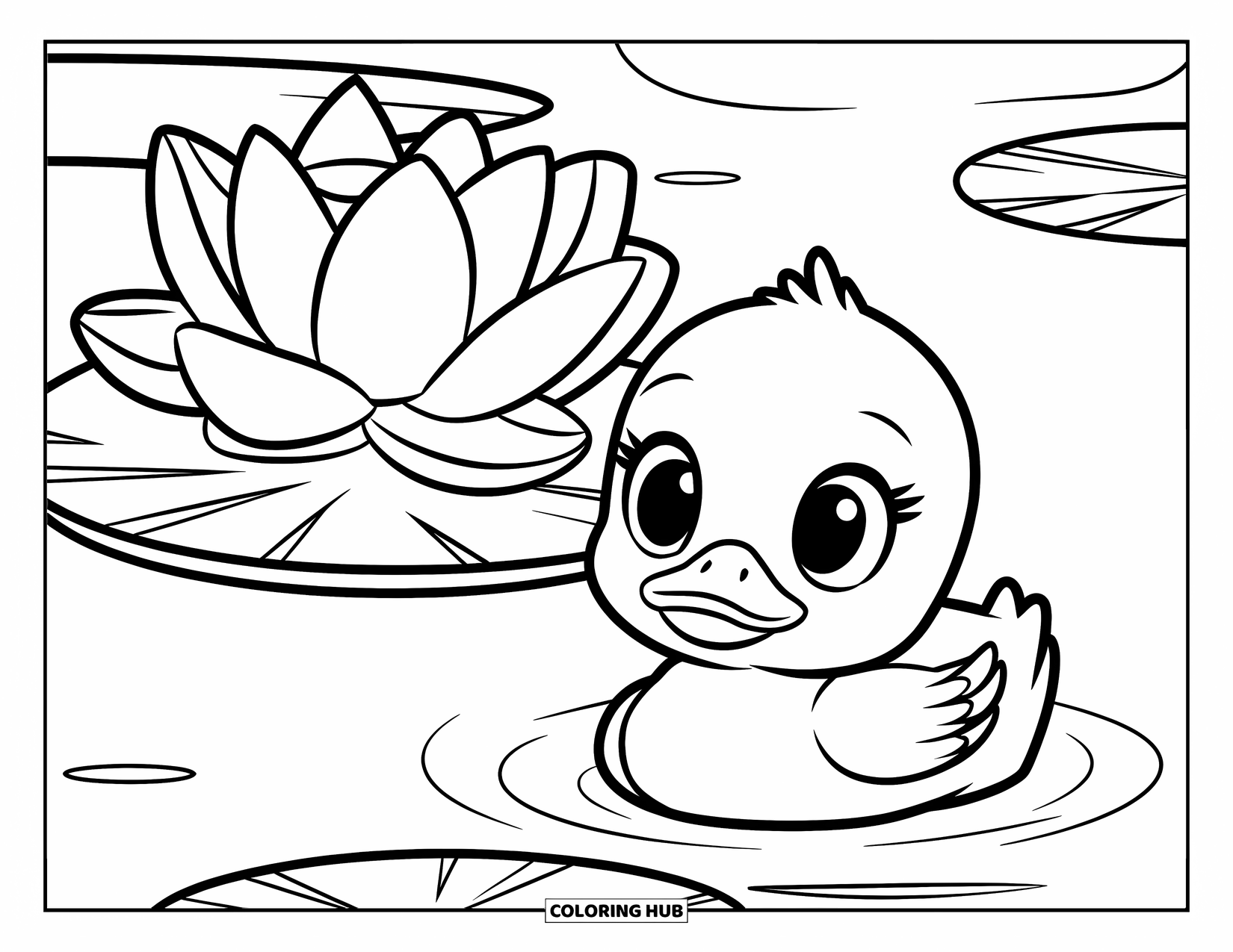 Lotus Coloring Page for Kids: Baby duck with big eyes floats next to a lotus flower