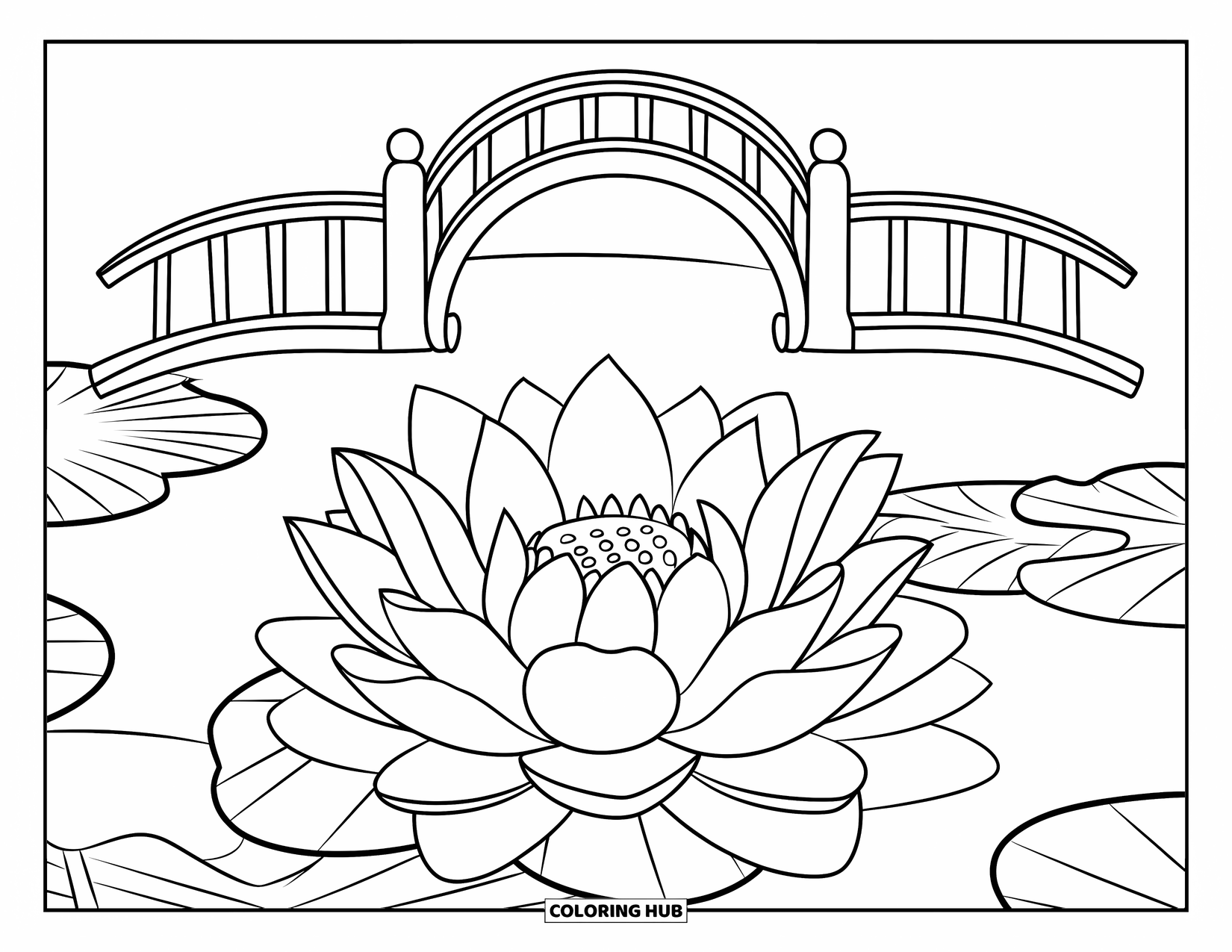 Lotus Coloring Page for Kids: Blooming lotus rests near a quiet bridge and calm water