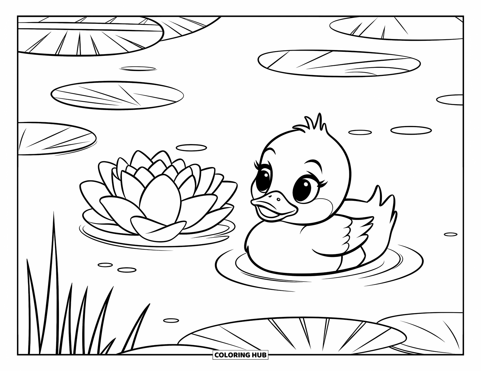 Lotus Coloring Page for Kids: Cute duck drifts by a lotus bloom on calm water
