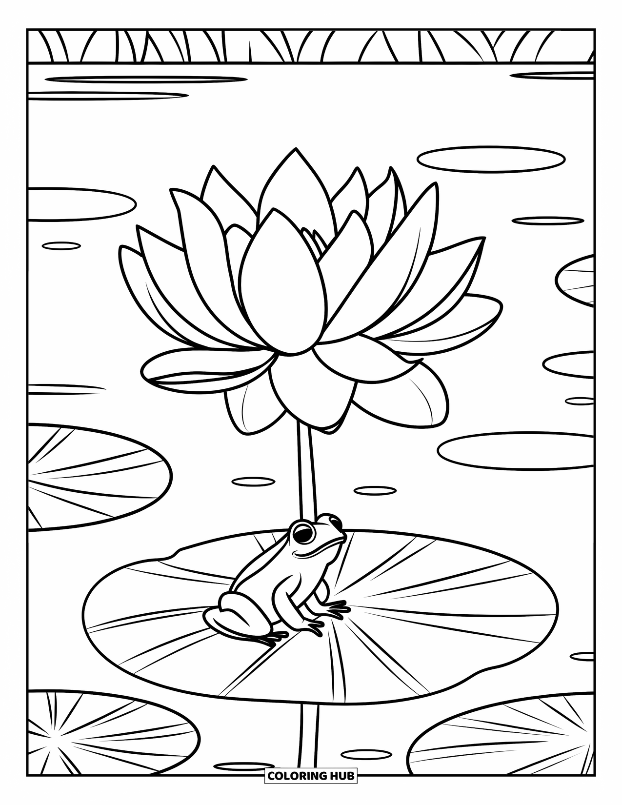Lotus Coloring Page for Kids: Frog relaxes on lily pad near a lotus flower in a lake